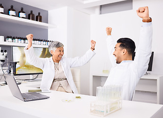 Image showing Scientist people, success and celebrate in laboratory research, medical achievement or teamwork. Mentor, student and science doctor on computer in fist, excited and wow or cheers for goals or results