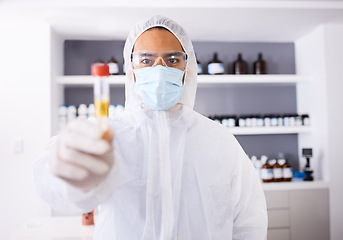 Image showing Medical, research and man with vial, chemistry and vaccination with corona, laboratory and cure. Person, face mask and researcher with test tube, bacteria and medicine with data analysis and science