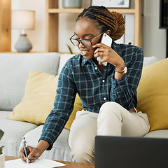 Image showing Woman, home and phone call for paper, documents and contract signature, policy advice or insurance. Young african person on sofa writing, talking on mobile and financial services or loan application