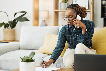 Image showing Woman, sofa and phone call for documents, paper signature or contract advice, policy and insurance. Young african person at home writing, talking on mobile and financial, taxes or loan application