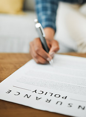 Image showing Hand, signature and contract for insurance, policy and woman with legal agreement for life, healthcare or home security. Person, sign and writing with pen on paper, document or notary of commitment