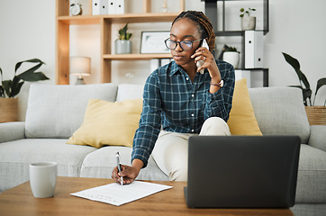 Image showing Woman, home and phone call for documents, paper signature or contract advice, policy and insurance. Young african person on sofa writing, talking on mobile and financial review or loan application