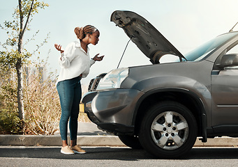 Image showing Stress, broken car and black woman in the road with frustration for engine problem emergency. Transportation, travel and upset young African female person with motor vehicle accident in the street.