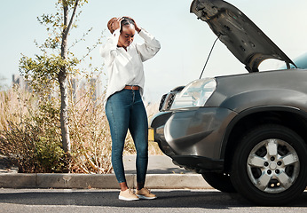 Image showing Frustration, broken car and black woman in the road for accident with engine problem or emergency. Transportation, travel and upset young African female person with motor vehicle stress in the street