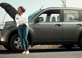 Image showing Car problem, road or frustrated black woman late for work from engine crisis or accident on street. Fear, arms crossed or worried driver by a stuck motor vehicle with stress or anxiety in emergency