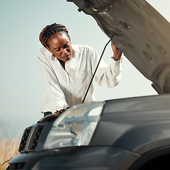 Image showing Confused, broken car and black woman in the road with stress for engine problem or emergency. Transportation, travel and upset young African female person by bonnet for motor accident in the street.