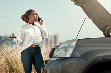 Image showing Stress, broken car and black woman on a phone call in the road with frustration for engine problem emergency. Transportation, travel and upset young female person on mobile conversation for accident.