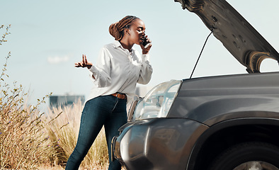 Image showing Bonnet, broken car and black woman on a phone call in road with frustration for engine problem emergency. Transport, travel and upset African person on mobile conversation for accident in street.