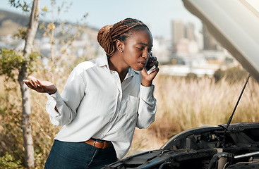 Image showing Stress, phone call and black woman with stuck car in the road with frustration for engine problem emergency. Transport, frustration and upset female person on mobile conversation for vehicle accident