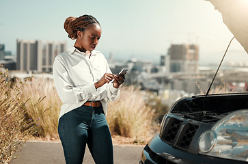 Image showing Car problem, phone or frustrated black woman late for work from engine crisis on road in city. Message, texting or worried African driver by a stuck motor vehicle with stress or anxiety in emergency