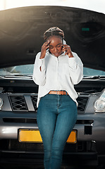 Image showing Car problem, phone call or black woman with stress or anxiety late from engine crisis on road. Listening, fear or worried African driver talking by a stuck motor vehicle in emergency or accident