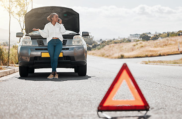 Image showing Car problem, stop sign or driver on a phone call frustrated by engine crisis or accident on road or street. Transport fail, stress or angry black woman talking by a stuck motor vehicle in emergency