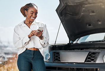 Image showing Car insurance, phone or happy woman in city with an engine crisis on road typing a message for help. Online, mobile app or African driver by a stuck motor vehicle with smile texting on social media