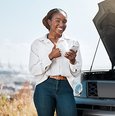 Image showing Car insurance, phone or portrait of happy woman with thumbs up on road typing message for help. Smile, service or African driver by a stuck motor vehicle texting on social media mobile app or online