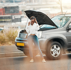 Image showing Frustration, phone call and black woman with stuck car in the road with stress for engine problem emergency. Transport, travel and upset African person on mobile conversation for accident in street.