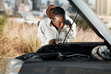 Image showing Phone call, stress and black woman fixing car in the road with frustration for engine problem emergency. Transport, travel and upset female person on mobile conversation with motor accident in street