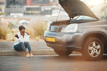 Image showing Car problem, phone call or black woman on road with stress, anxiety or bad engine crisis on street. Listen, fear or worried African driver talking by a stuck motor vehicle in emergency or accident