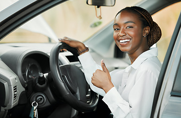 Image showing New car, portrait or happy black woman with thumbs up, yes or thank you for vehicle finance or loan success. Smile, motor deal and happy driver ready for travel, transport or auto insurance agreement