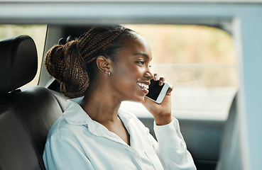 Image showing Phone call, happy and black woman in car to travel, conversation and communication. Mobile, taxi and African person smile on trip, journey and commute in transportation, talking and listening to news