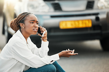 Image showing Car insurance, phone call or black woman on road with stress, anxiety or bad engine crisis on street. Listen, fear or worried African driver talking by a stuck motor vehicle in emergency or accident