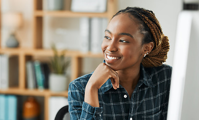 Image showing Student, woman thinking and computer for home e learning, online education and vision for future or opportunity. Young african person with ideas, brainstorming and happy with course or scholarship