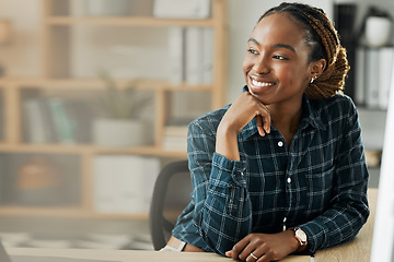 Image showing Business, thinking and black woman with a smile, solution and brainstorming with startup, career and relax. African person, employee or entrepreneur with ideas, creativity and planning in a workplace