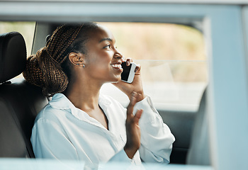 Image showing Phone call, smile and black woman in car to travel, conversation and communication. Mobile, taxi and happy African person on trip, journey and commute in transportation, talking and listening to news