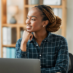 Image showing Woman, thinking and computer for work from home opportunity, copywriting ideas and planning goals. Young african person, happy freelancer or writer on laptop, business vision and brainstorming online