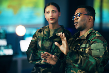 Image showing Night, talking and people in army with a strategy, cyber security or military communication. Data center, war and a black man speaking to a woman about government secret, surveillance or system