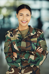 Image showing Portrait, military and woman with arms crossed, smile and war with protection, confident and power. Person, security and lady warrior proud, hero and ready for army, service or training for combat