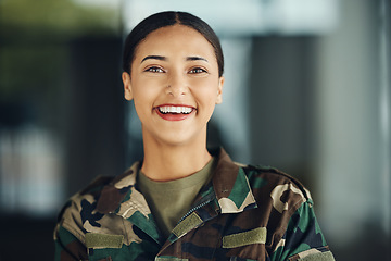 Image showing Happy, portrait and a woman in the army for service, war training or soldier in clothes. Smile, security and a female military veteran or girl in gear or uniform for battle, trust or in the navy