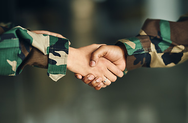 Image showing Meeting, army or shaking hands for partnership, teamwork or deal in war, agreement or unity together. Closeup, soldiers or handshake for team fight, thank you or gratitude in solidarity or military