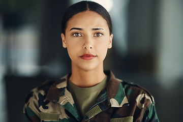 Image showing Portrait, soldier and woman with arms crossed, war and confidence with protection, veteran and proud. Face, person and hero with power, service and mindset with warrior, ready for army and military