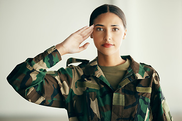 Image showing Portrait of woman soldier with salute, confidence and pride in army service for professional hero. Military career, security and courage, girl in uniform and respect at government intelligence agency
