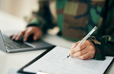 Image showing Sign, military or hands writing on application or contract, form document for war counselling. Laptop, survey checklist or soldier with history on paperwork or notes for legal agreement or note