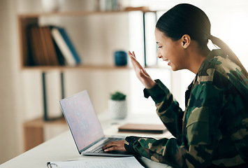 Image showing Soldier, woman and wave on laptop for communication, video call and happiness in living room for home. Computer, digital and person in military with internet for webinar and conversation in house