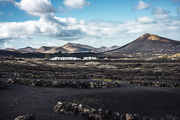 Image showing Traditional white houses in black volcanic landscape of La Geria wine growing region with view of Timanfaya National Park in Lanzarote. Touristic attraction in Lanzarote island, Canary Islands, Spain.