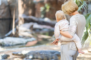 Image showing Caucasian blonde mother holding her infant baby boy child in her lap watching crocodile in zoo. Happy family having fun with animals safari park on warm summer day