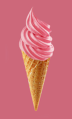 Image showing pink soft ice cream in waffle cone