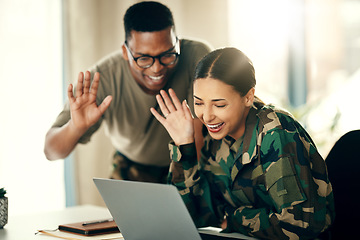 Image showing Soldier, woman and man wave on laptop for communication, video call and happiness in living room of home. Computer, digital and people in military with internet for webinar and conversation in house