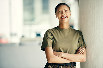 Image showing Portrait of happy woman soldier with confidence, pride and mockup outside army building with arms crossed. Professional military career, security and courage, girl in uniform at government agency.