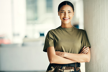 Image showing Portrait on woman soldier with smile, arms crossed and mockup and relax outside army building with confidence. Professional military career, security and courage, girl in uniform at government agency