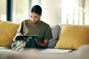 Image showing Military, woman and writing on document for therapy, doctor and health information for insurance, paperwork and form survey. Soldier, healthcare and veteran in counseling, office or medical checklist