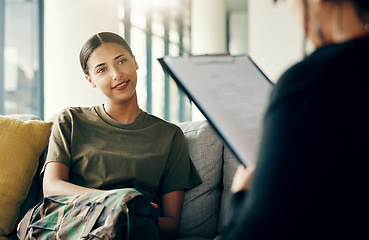 Image showing Talking, soldier or woman in therapy for trauma counselling from military war for army mental health support. Consultation, depression stress or person with therapist to help with psychology on sofa