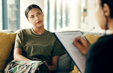 Image showing Listen, soldier or woman in therapy for trauma counselling from military war for army mental health support. Consultation, talking or sad person with therapist to help a psychology problem on sofa