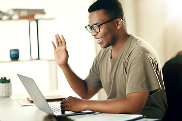 Image showing Laptop, man and communication with wave for remote work, video call and conference in home office with happiness and glasses. Computer, employee and person in conversation or online seminar for job