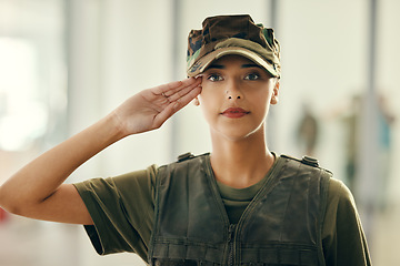 Image showing Military, salute and portrait of woman soldier with confident, pride and respect for service. Serious, security and face of female army veteran warrior in uniform with courage for agency protection.