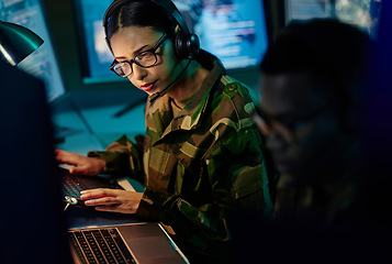Image showing Military control room team, headset and woman with computer and tech for communication. Security, global surveillance info and soldier thinking in army office at government cyber data command center.