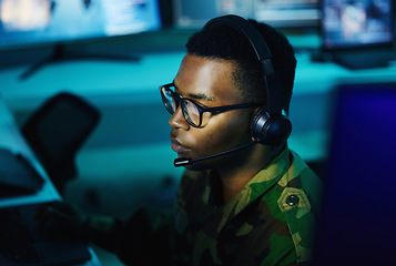 Image showing Military control room, security or man monitor CCTV, army communication or online surveillance system. Data center, cyber support soldier or face profile of black person helping with crime intel unit