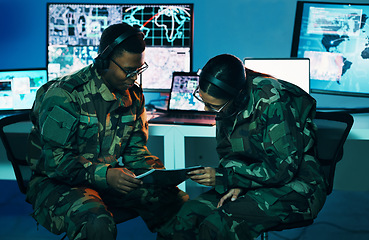 Image showing Military control room, tablet or team monitor CCTV, army database server or online surveillance system. Data center, soldier collaboration or people teamwork on crime report, safety or security intel